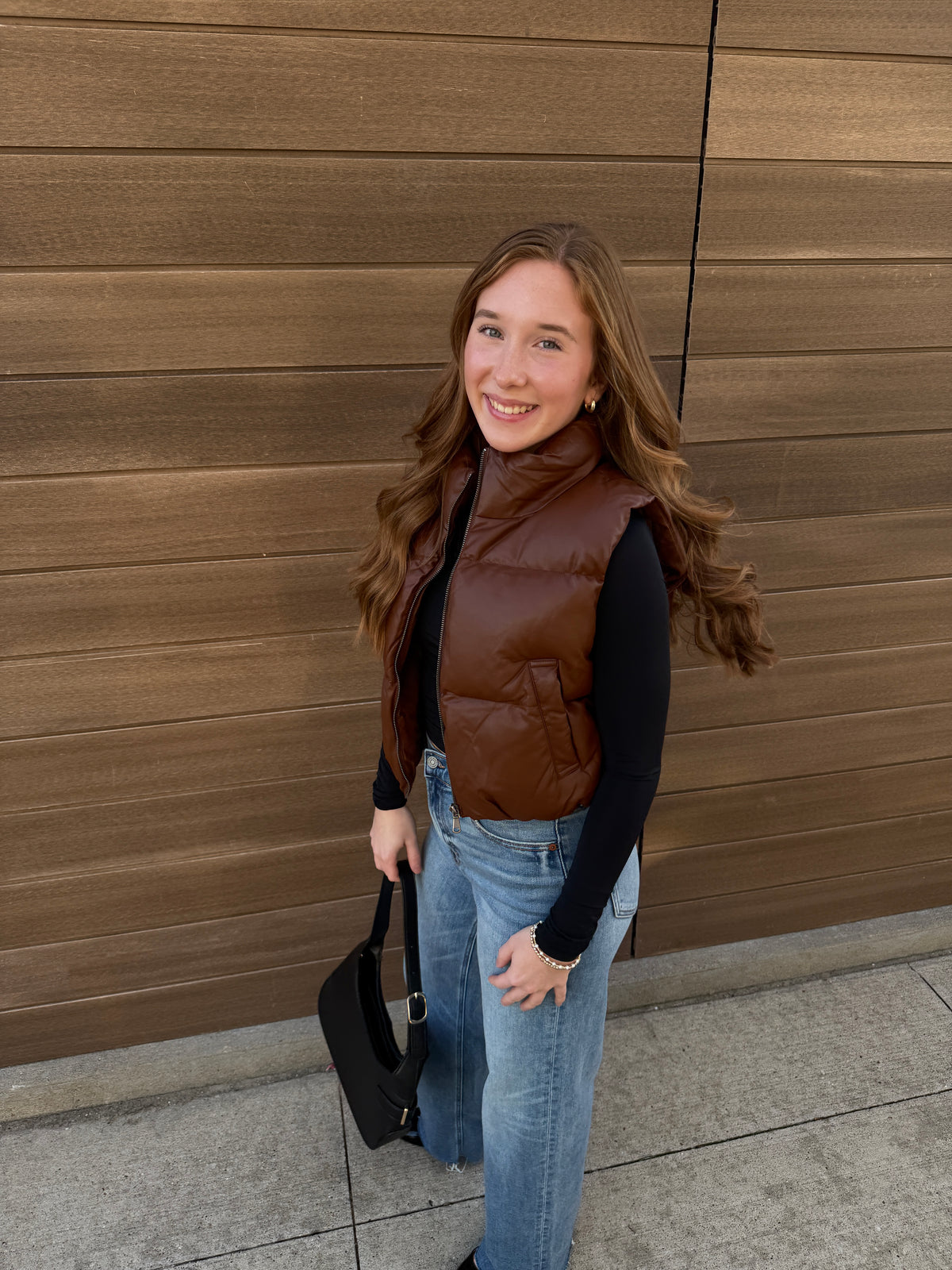 Faux Leather Cropped Puffer Vest - Chestnut
