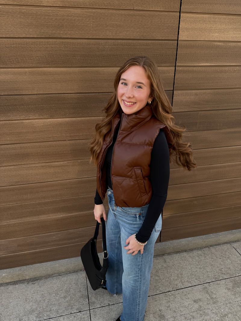 Faux Leather Cropped Puffer Vest - Chestnut