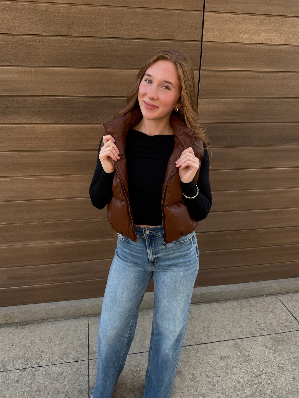 Faux Leather Cropped Puffer Vest - Chestnut