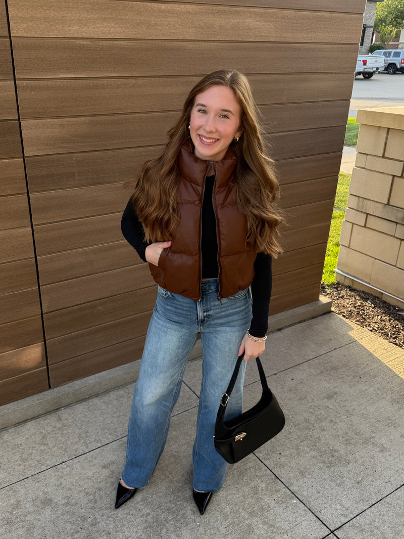 Faux Leather Cropped Puffer Vest - Chestnut