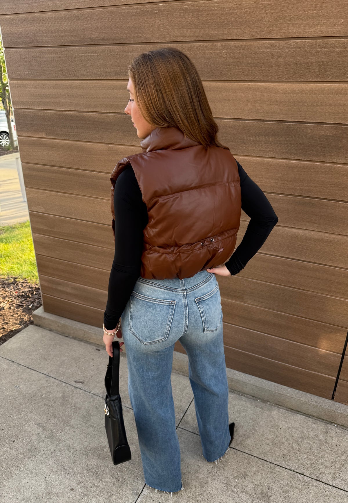 Faux Leather Cropped Puffer Vest - Chestnut