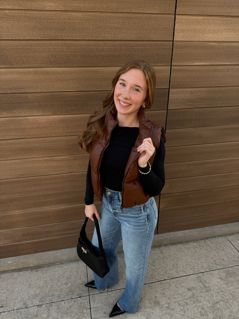 Faux Leather Cropped Puffer Vest - Chestnut