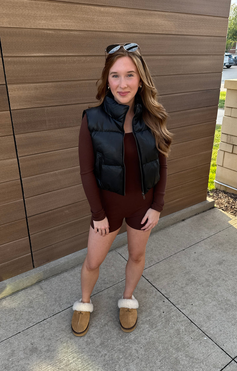 Faux Leather Cropped Puffer Vest - Black