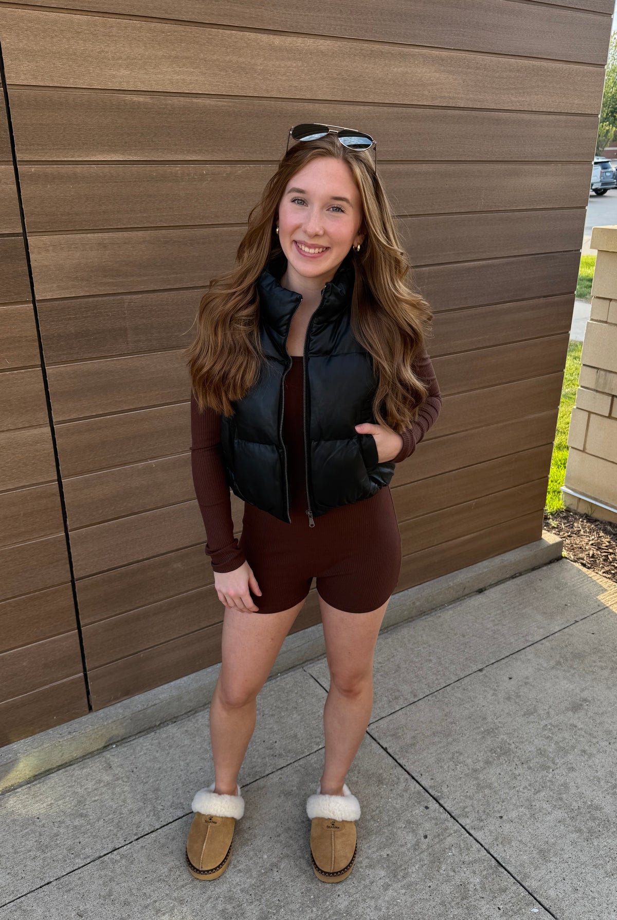 Faux Leather Cropped Puffer Vest - Black